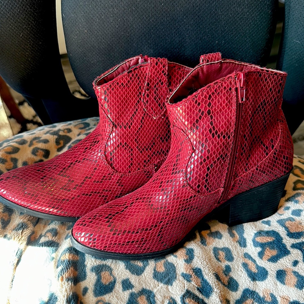 True Craft Red Leather animal print booties, never worn. Perfect condition